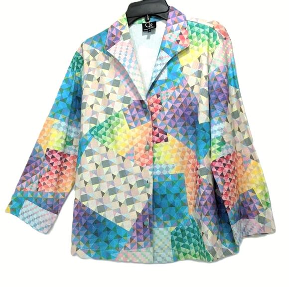 Vintage Jackets & Blazers - Vintage Connie Roberson Geometric Jacket Colorful Abstract Cotton Blazer Sz XS